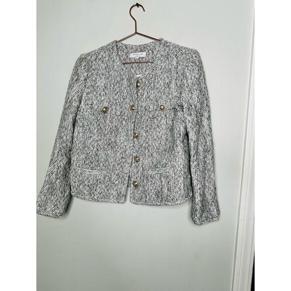 DEREK LAM COLLECTIVE Gray Gold Button Front Zip Up Sleeve Tweed Jacket Size 40 - Picture 5 of 14